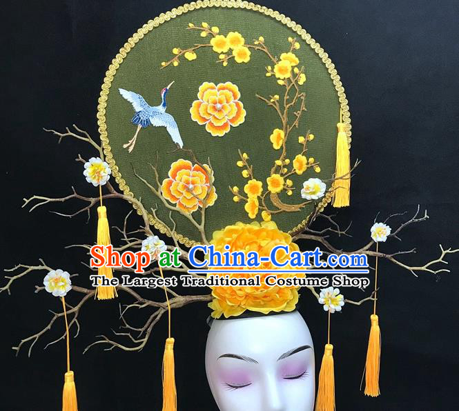 Chinese Handmade Catwalks Deluxe Headpiece Qipao Stage Show Embroidered Crane Hair Crown Traditional Court Yellow Peony Top Hat