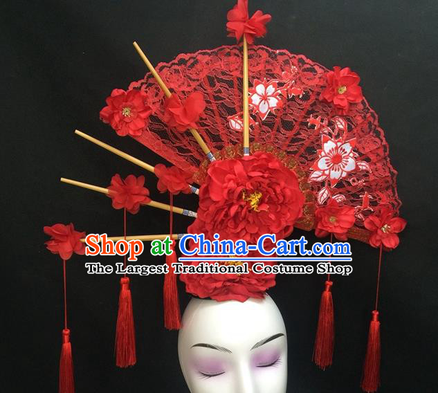 Chinese Handmade Catwalks Deluxe Lace Fan Headwear Qipao Stage Show Hair Crown Traditional Court Giant Red Peony Top Hat