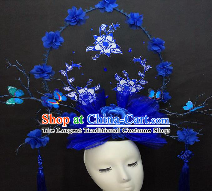 Chinese Handmade Catwalks Deluxe Butterfly Fashion Headwear Cheongsam Stage Show Royalblue Veil Hair Crown Traditional Court Tassel Giant Top Hat