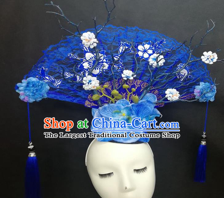 Chinese Traditional Stage Court Top Hat Cheongsam Catwalks Deluxe Blue Lace Fan Headwear Handmade Fashion Show Giant Hair Crown