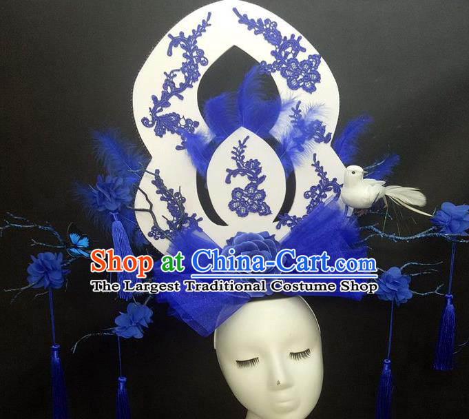 Chinese Cheongsam Catwalks Deluxe Blue Veil Peony Headwear Handmade Fashion Show Giant Feather Hair Crown Traditional Stage Court Top Hat