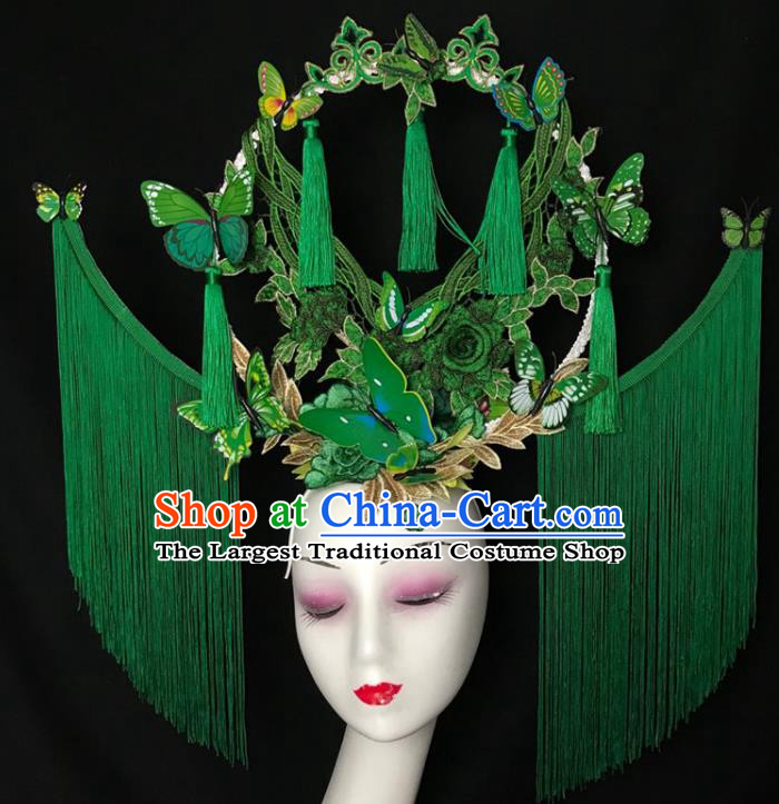 Chinese Traditional Court Green Flowers Butterfly Hair Clasp Catwalks Giant Fashion Headpiece Handmade Cheongsam Stage Show Tassel Hair Crown