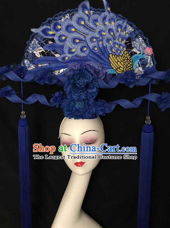 China Handmade Cheongsam Show Embroidered Peacock Fan Hair Crown Traditional Court Navy Tassel Hair Clasp Catwalks Giant Fashion Headwear