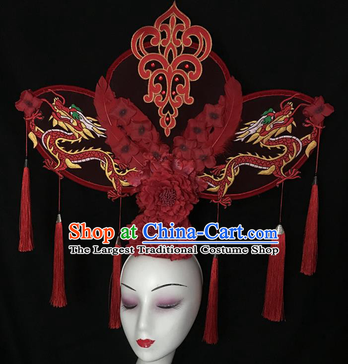 China Handmade Cheongsam Show Red Dragon Hair Crown Traditional Court Fan Tassel Hair Clasp Catwalks Giant Fashion Headwear