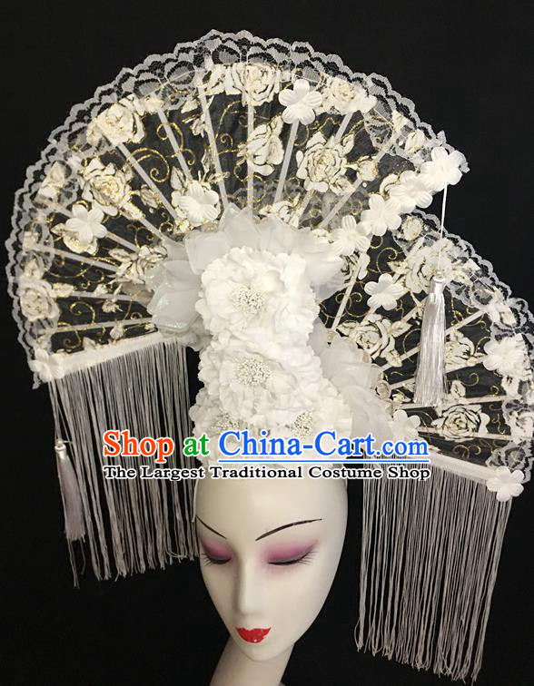 China Cheongsam Show White Peony Hair Crown Traditional Court Lace Fan Tassel Hair Clasp Handmade Catwalks Bride Giant Fashion Headdress