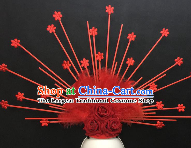 Top Halloween Fancy Ball Hair Clasp Gothic Red Rose Headdress Cosplay Party Feather Hair Accessories Catwalks Goddess Royal Crown