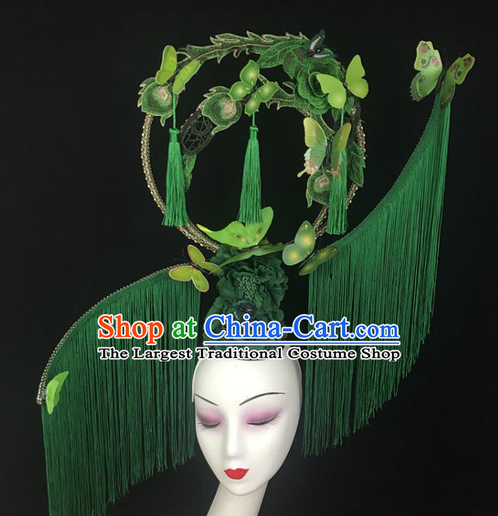 China Catwalks Deluxe Tassel Headdress Handmade Bride Fashion Headwear Qipao Show Hair Crown Court Green Flowers Top Hat