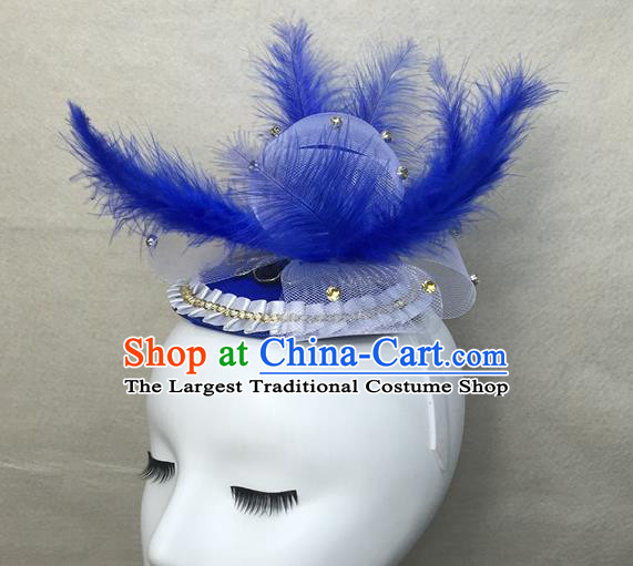 Top Cosplay Party Hair Accessories Catwalks Bride Royal Crown Halloween Fancy Ball Top Hat Brazilian Carnival Blue Feather Headdress