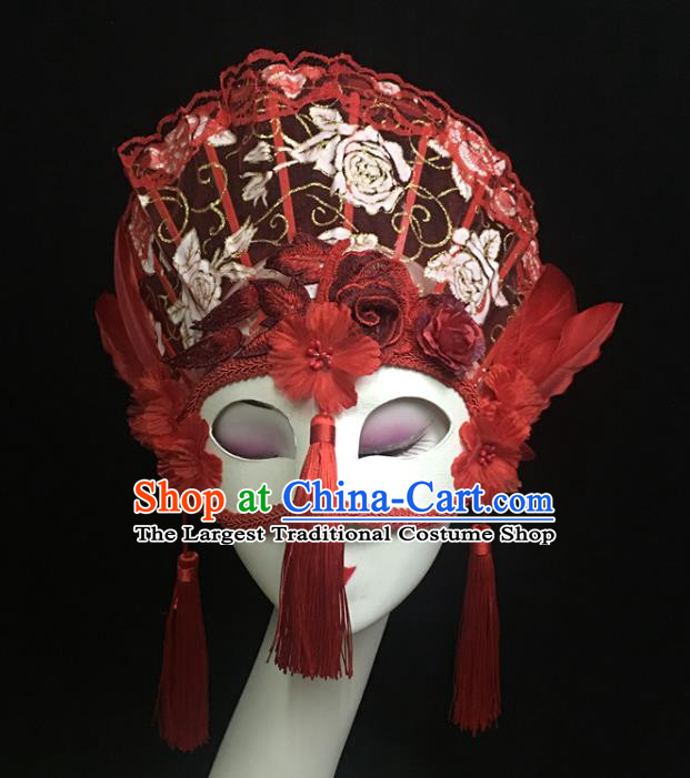 Handmade Halloween Cosplay Show Red Lace Full Face Mask Costume Party Tassel Blinder Headpiece Brazil Carnival Feather Mask