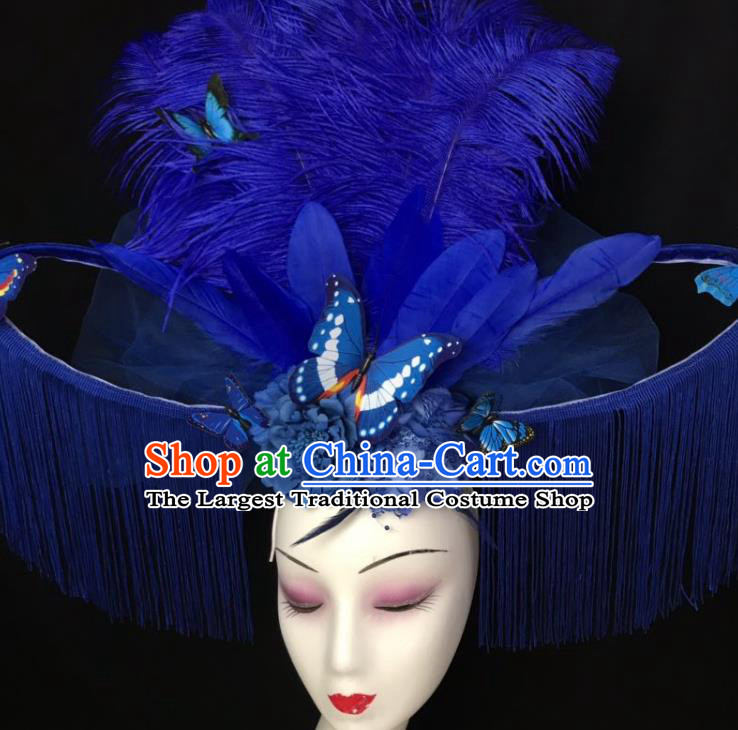 Top Catwalks Royalblue Tassel Royal Crown Rio Carnival Feather Hair Clasp Brazil Parade Headdress Halloween Cosplay Queen Hair Accessories