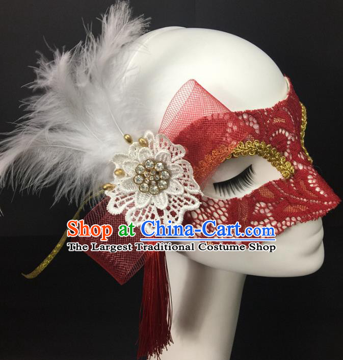 Handmade Halloween Cosplay Show Feather Mask Costume Party Blinder Headpiece Rio Carnival Red Lace Face Mask