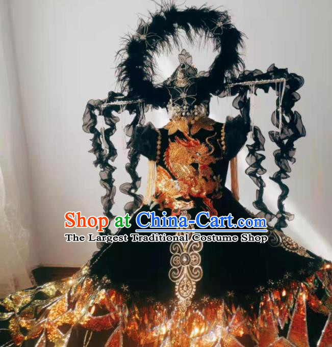 Custom Brazil Parade Black Full Dress Children Catwalks Dance Garment Costume Girl Princess Stage Show Embroidered Clothing and Feather Headdress