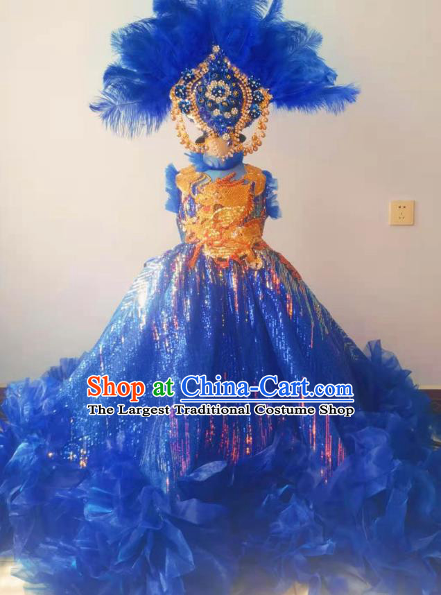 Custom Girl Princess Stage Show Embroidered Clothing Brazil Parade Blue Trailing Full Dress Children Catwalks Dance Garment Costume and Feather Headwear