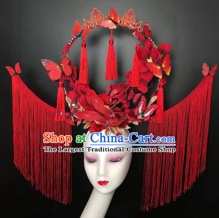 Chinese Handmade Fashion Show Red Tassel Hair Crown Traditional Stage Court Butterfly Top Hat Cheongsam Catwalks Giant Headwear