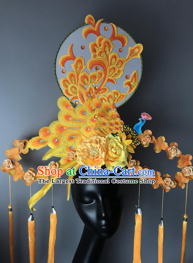 Chinese Traditional Stage Court Yellow Peacock Top Hat Cheongsam Catwalks Giant Headwear Handmade Fashion Show Embroidered Fan Hair Crown