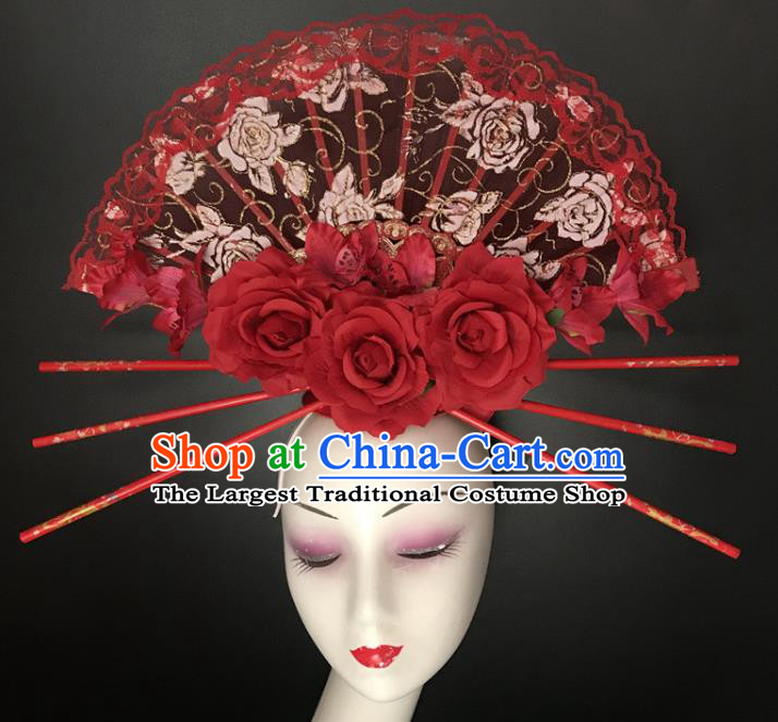 Chinese Handmade Fashion Show Red Rose Hair Crown Traditional Stage Court Lace Fan Top Hat Cheongsam Catwalks Giant Headdress