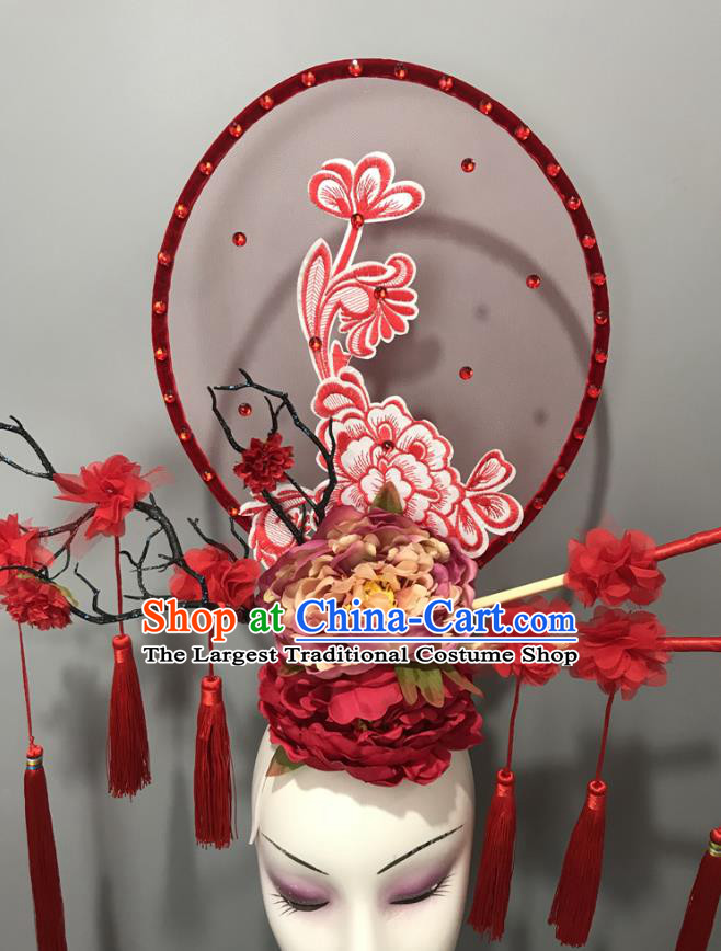 Chinese Cheongsam Catwalks Giant Headdress Handmade Fashion Show Tassel Hair Crown Traditional Stage Court Peony Flowers Top Hat