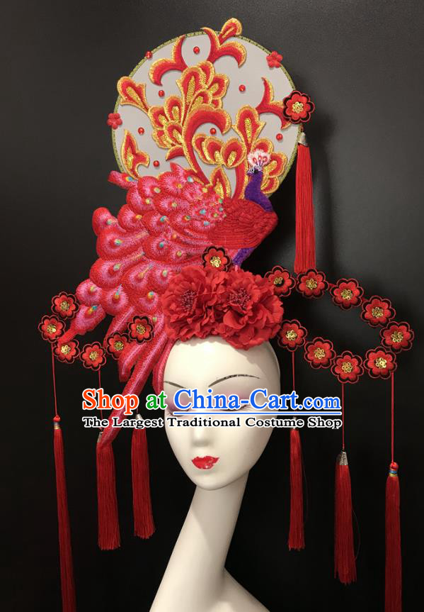 Chinese Cheongsam Catwalks Giant Headdress Handmade Fashion Show Red Peacock Hair Crown Traditional Stage Court Deluxe Top Hat