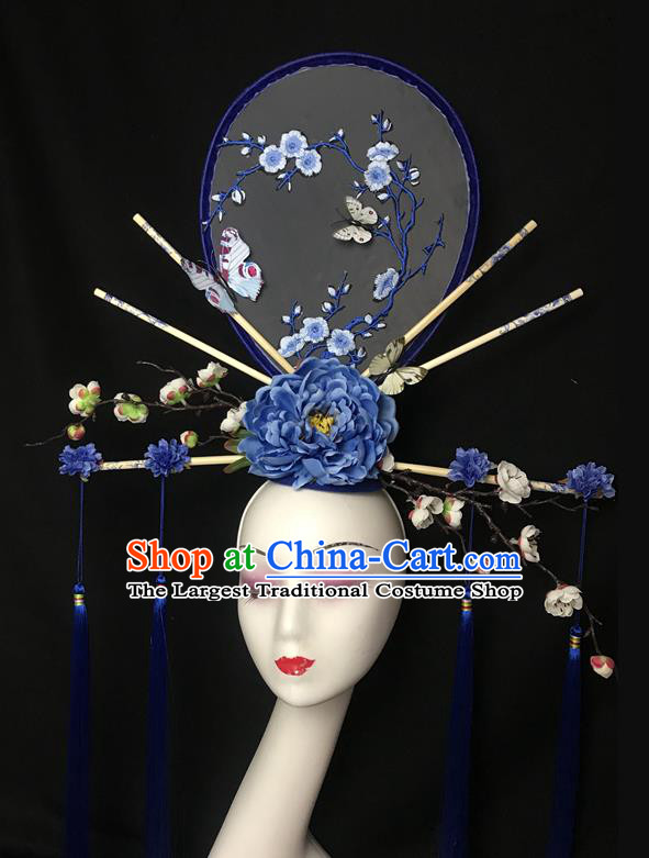 Chinese Traditional Court Embroidered Fan Top Hat Cheongsam Catwalks Fashion Giant Headdress Handmade Stage Show Blue Peony Hair Crown