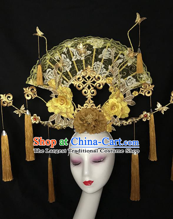 Chinese Traditional Court Yellow Lace Fan Hair Clasp Cheongsam Catwalks Giant Fashion Headdress Handmade Stage Show Tassel Hair Crown