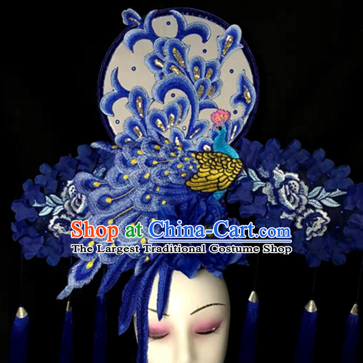 Chinese Handmade Stage Show Blue Peacock Hair Crown Traditional Court Embroidered Tassel Hair Clasp Cheongsam Catwalks Giant Fashion Headdress