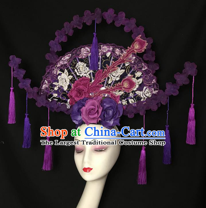 Chinese Handmade Stage Show Lace Fan Hair Crown Traditional Court Purple Flowers Hair Clasp Cheongsam Catwalks Giant Fashion Headdress