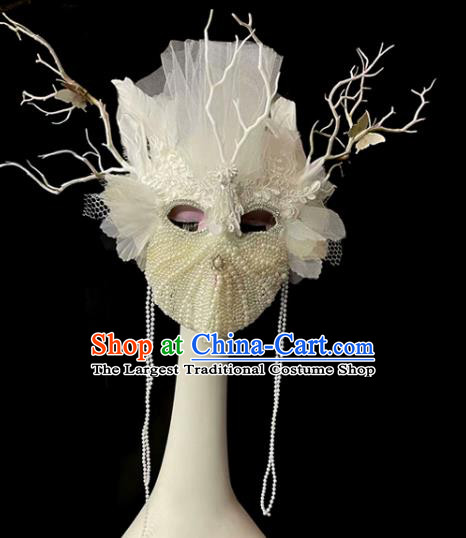 Handmade Halloween Cosplay Pearls Full Face Mask Christmas Costume Party Headpiece Brazil Carnival White Feather Mask