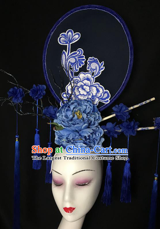 China Qipao Catwalks Bride Headdress Handmade Wedding Fashion Headwear Stage Show Tassel Hair Crown Court Blue Peony Hair Clasp