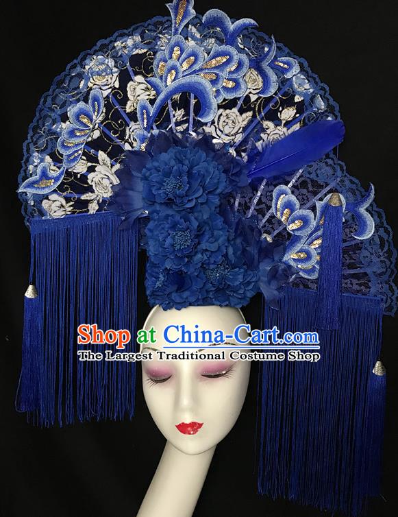 China Stage Show Tassel Hair Crown Court Lace Fan Hair Clasp Qipao Catwalks Bride Headdress Handmade Wedding Fashion Headwear