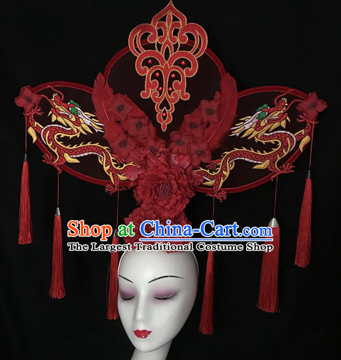 China Qipao Catwalks Bride Headdress Handmade Wedding Fashion Headwear Stage Show Red Peony Hair Crown Court Dragon Hair Clasp