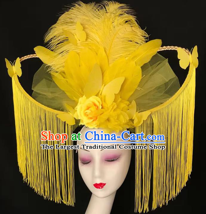 Top Halloween Catwalks Tassel Royal Crown Rio Carnival Yellow Feather Headdress Baroque Hair Clasp Cosplay Fairy Hair Accessories