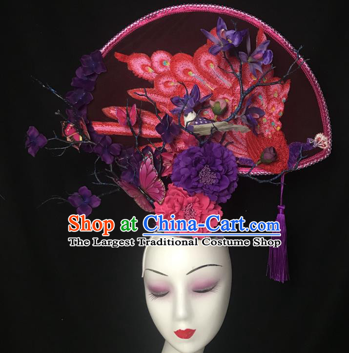 China Handmade Wedding Headwear Stage Show Embroidered Peacock Hair Crown Court Fan Tassel Hair Clasp Qipao Catwalks Fashion Headdress