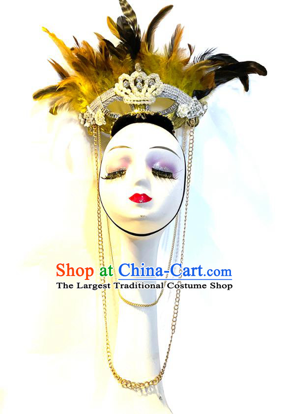 Top Cosplay Princess Hair Accessories Halloween Catwalks Royal Crown Carnival Parade Headdress Baroque Queen Yellow Feather Hat