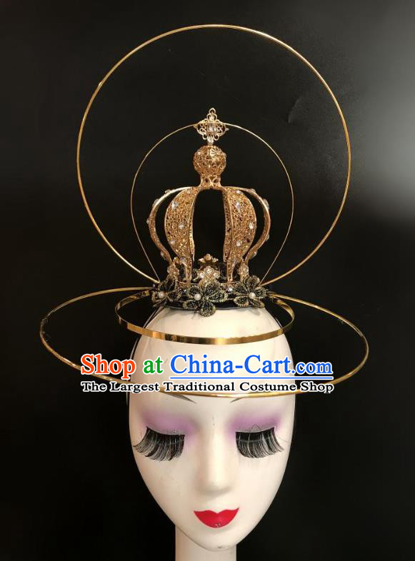 Top Halloween Catwalks Golden Royal Crown Carnival Parade Headdress Baroque Bride Hair Clasp Cosplay Princess Hair Accessories