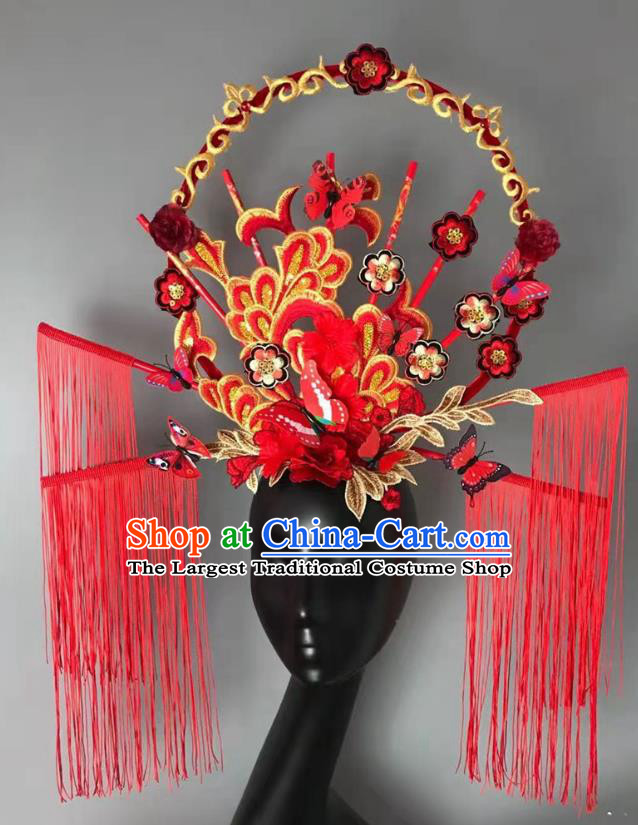 China Qipao Catwalks Tassel Headdress Handmade Bride Fashion Headwear Stage Show Embroidered Red Hair Crown Court Tassel Hair Clasp