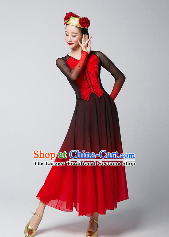 China Uygur Nationality Folk Dance Clothing Xinjiang Ethnic Stage Performance Garments Uyghur Dance Red Dress