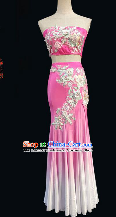 China Yunnan Ethnic Stage Performance Embroidered Garments Peacock Dance Pink Dress Dai Nationality Folk Dance Clothing