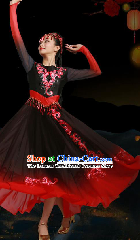 China Uygur Nationality Stage Performance Clothing Xinjiang Ethnic Dance Garments Uyghur Minority Folk Dance Black Dress