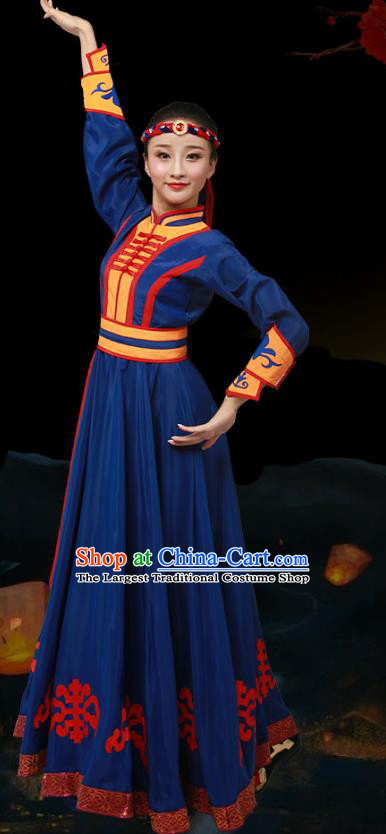 China Mongolian Ethnic Stage Performance Garments Minority Folk Dance Navy Dress Mongol Nationality Dance Clothing