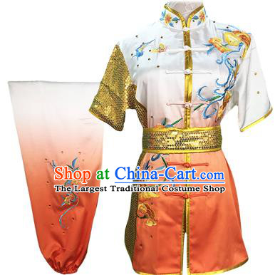 Chinese Martial Arts Embroidered Peony Gradient Orange Outfits Wushu Competition Clothing Kung Fu Garment Costumes