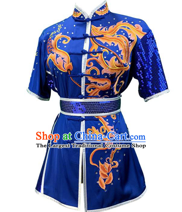 Chinese Kung Fu Training Garment Costumes Martial Arts Wushu Embroidered Royalblue Sequins Outfits Kungfu Competition Clothing