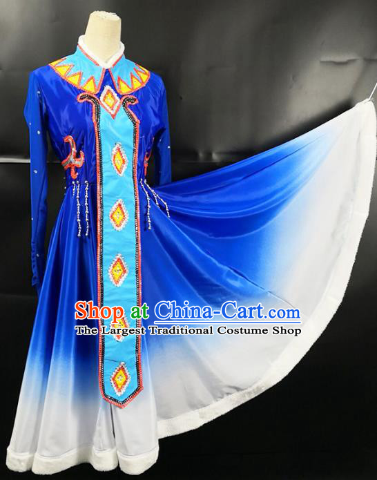 China Ewenki Nationality Stage Performance Clothing Ethnic Female Dance Garments Xinjiang Minority Folk Dance Blue Dress