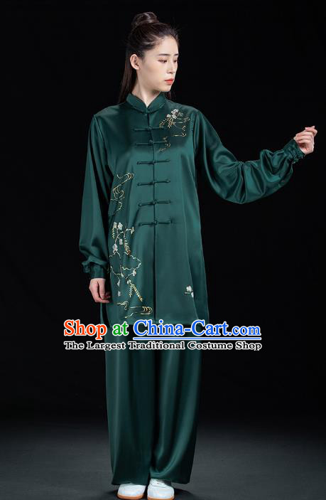 Chinese Tai Ji Training Garment Costumes Martial Arts Hand Painting Green Outfits Woman Tai Chi Competition Clothing