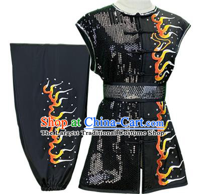 Top Chinese Southern Boxing Performance Black Outfits Kung Fu Garment Costumes Martial Arts Wushu Competition Clothing