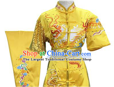 Top Chinese Southern Boxing Embroidered Dragon Yellow Outfits Martial Arts Kung Fu Competition Garment Costumes Wushu Performance Clothing