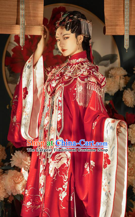 China Ancient Court Woman Embroidered Red Hanfu Dress Traditional Wedding Garments Ming Dynasty Imperial Concubine Historical Clothing