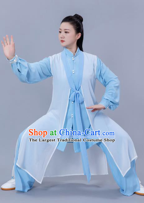 Chinese Tai Chi Performance Clothing Woman Tai Ji Competition Garments Martial Arts Three Pieces Blue Outfits