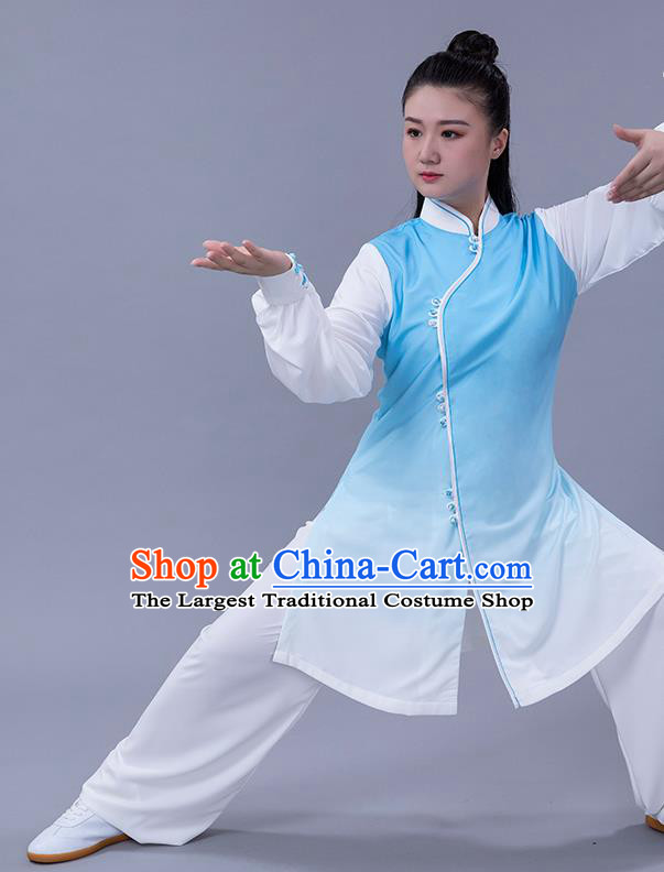 Chinese Shadowboxing Competition Blue Slant Opening Outfits Woman Tai Chi Chuan Performance Clothing Martial Arts Tai Ji Training Garments