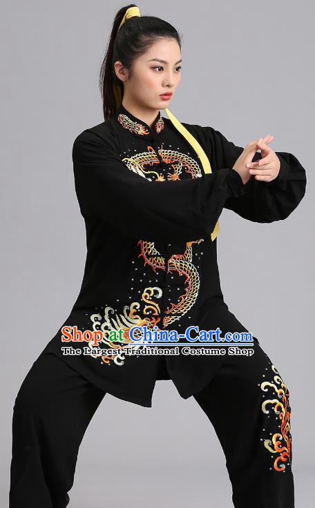 Chinese Tai Ji Competition Black Outfits Kung Fu Tai Chi Training Clothing Martial Arts Embroidered Dragon Garments