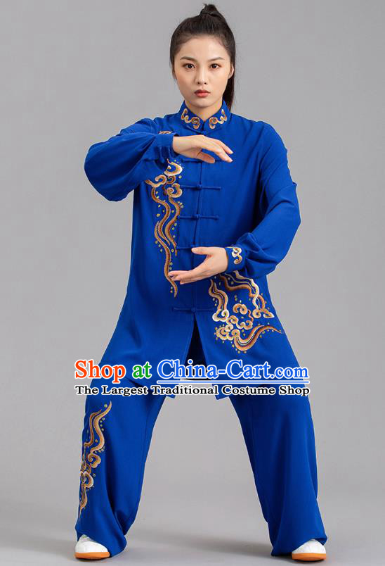 Chinese Martial Arts Embroidered Clouds Garments Tai Ji Competition Royalblue Outfits Kung Fu Tai Chi Performance Clothing